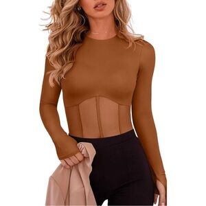 Love J Chic Tan Long Sleeve Bodysuit